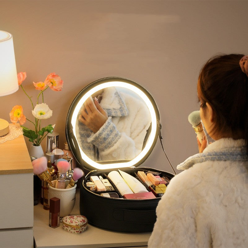 Round Smart LED Makeup Bag With Mirror Lights Women Beauty Bag