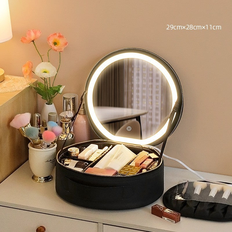 Round Smart LED Makeup Bag With Mirror Lights Women Beauty Bag