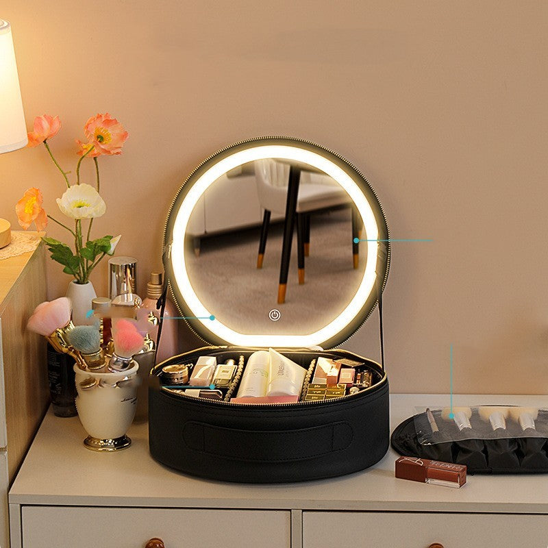 Round Smart LED Makeup Bag With Mirror Lights Women Beauty Bag